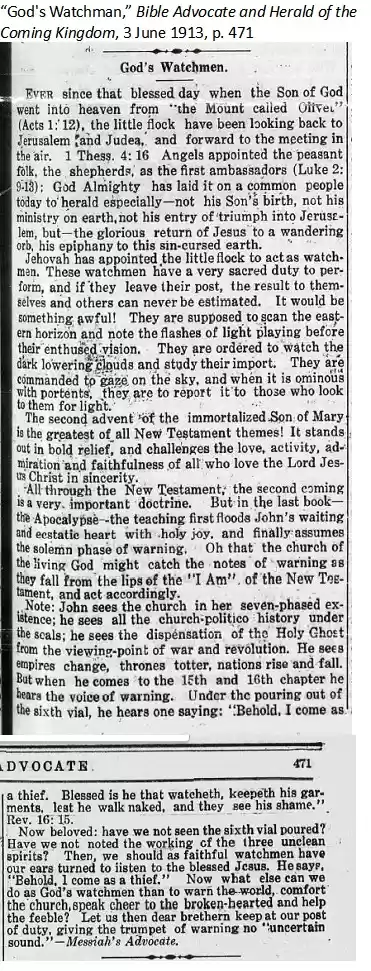 “God's Watchman,,” The Bible Advocate, 3June1913